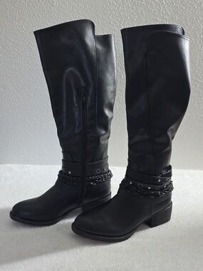 Rampage Knee High Black Leather Boots Womens 6.5 Zipper Closure Vguc Nice